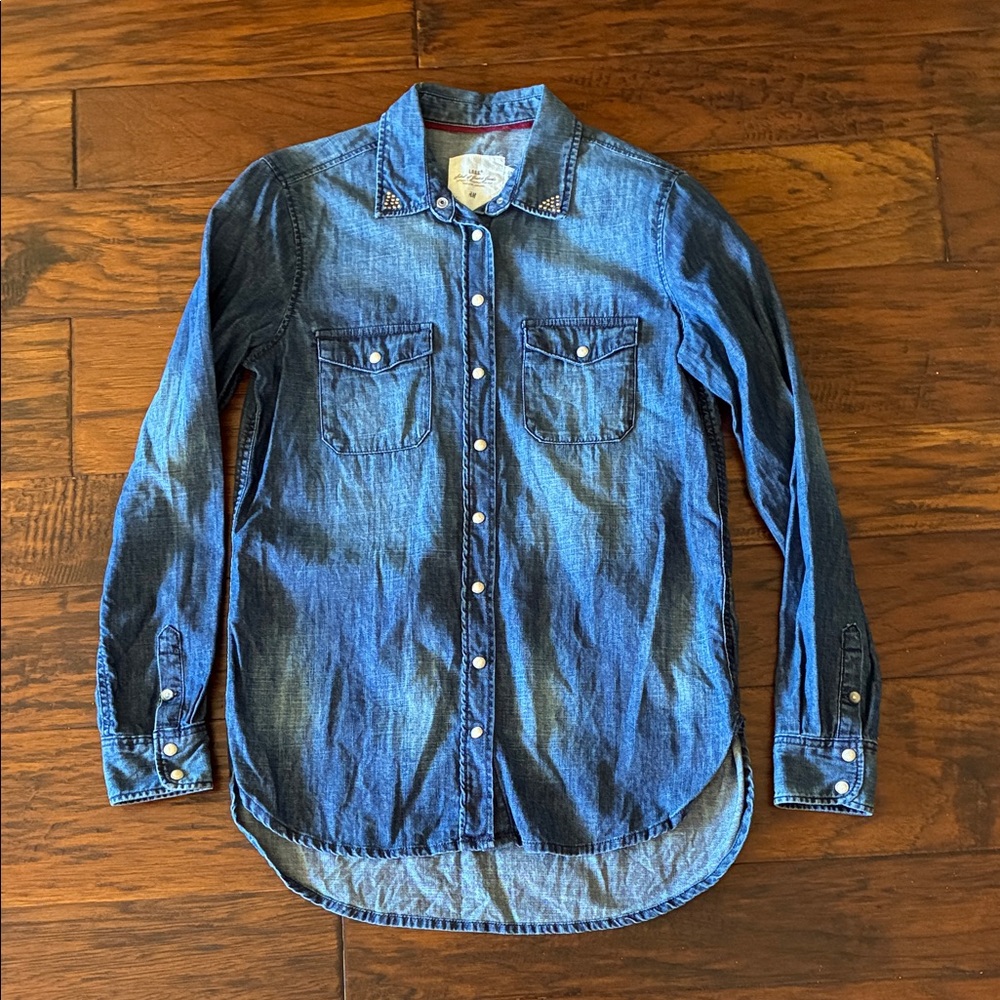 Blue Denim with gold accents pearl snap Shirt